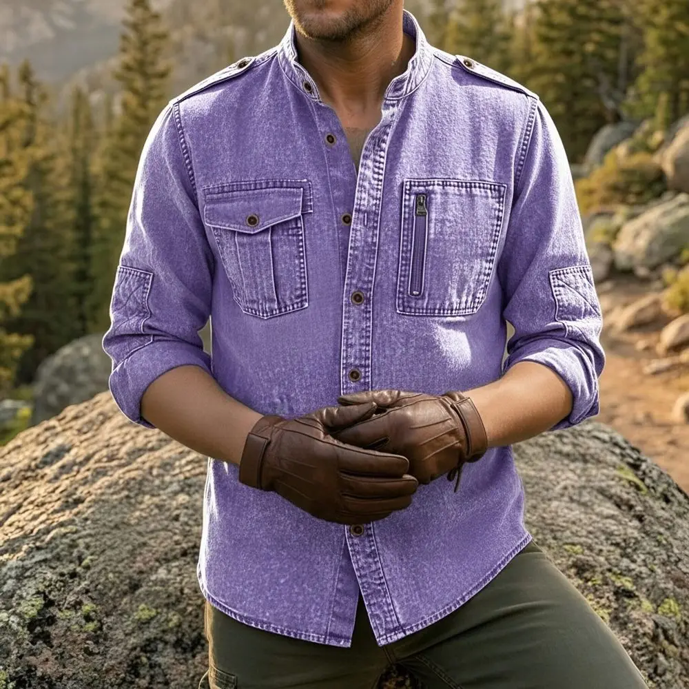 Spring Autumn Men's Solid Color Washed Denim Shirt Jacket Stand Collar Long Sleeve Casual Workwear with Multiple Pockets Blouse
