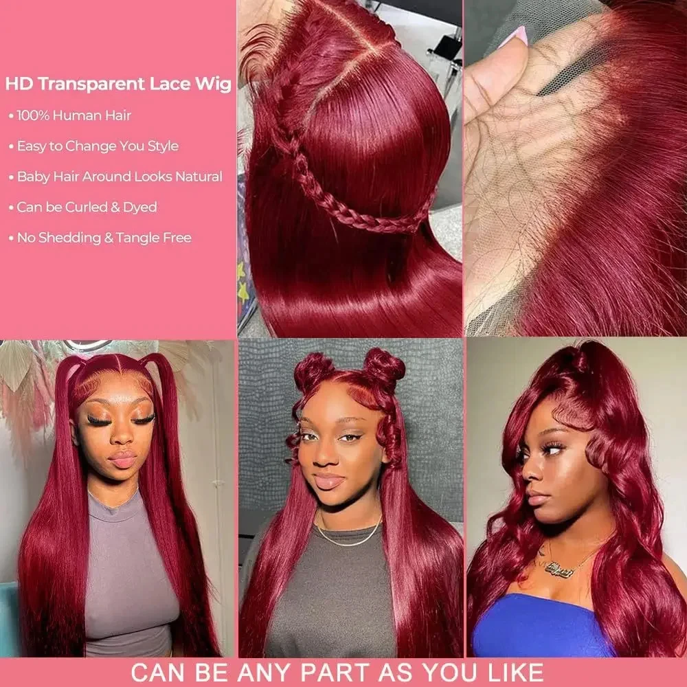 Burgundy Red 13x6 HD Lace Frontal Human Hair Wigs 99J Colored Straight 13x4 Lace Front Remy Wig For Women 30 34 36 Inch