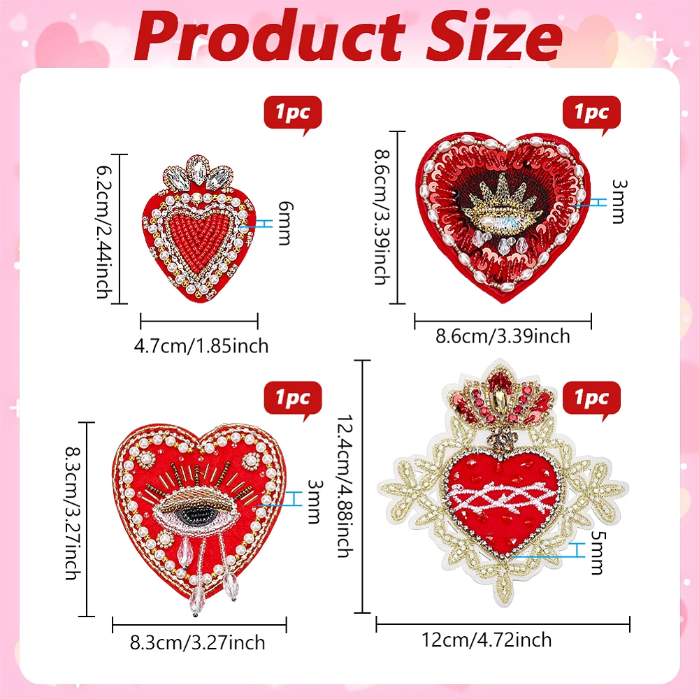 4 Pcs 4 Styles Eyes Heart Beaded Patches Red Polyester Rhinestone Applique Patches for Clothes Decoration Handbag Embellishment