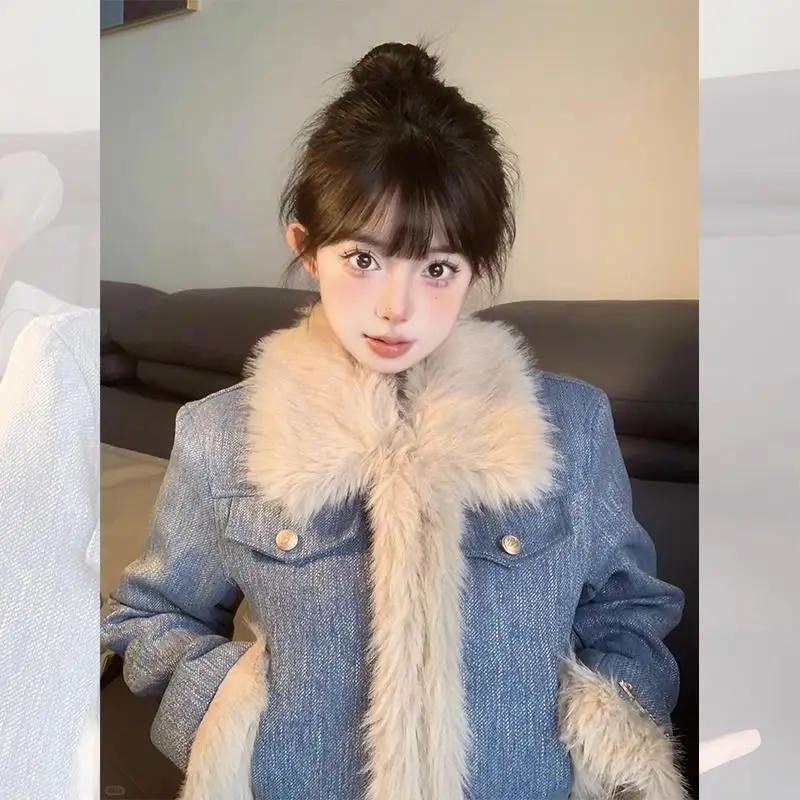 

Denim Coats With Rhinestone Woman Fur Plush Womens Fall Waistband Cropped Slim Padded Leisure Outwears Kpop Youth Streetwears OL