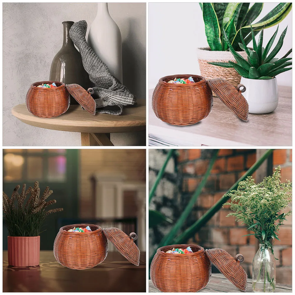 

Multifunction Pumpkin Style Bamboo Basket Woven Egg Storage Holder Household Organizer Cover Wear Resistant Retro Fruit
