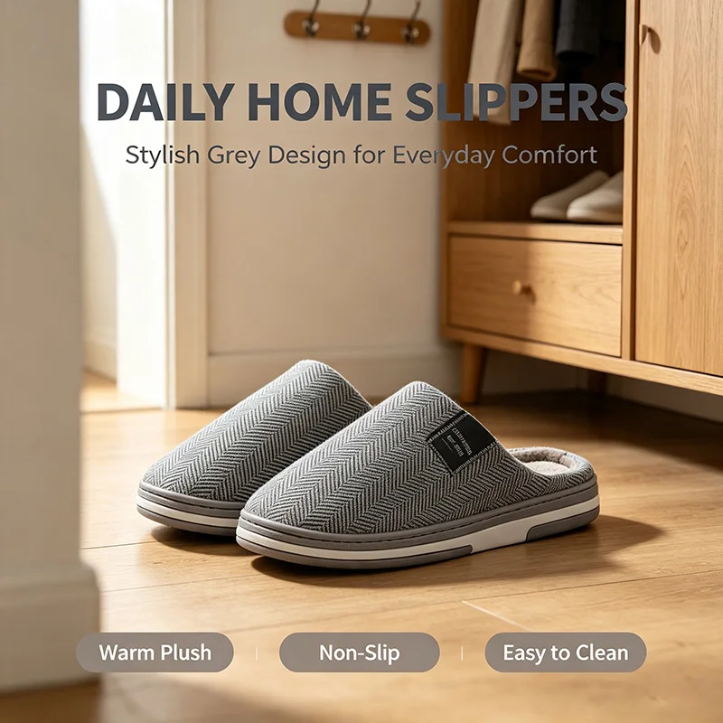 Men's Winter House Slippers Closed Toe Fuzzy Fleece Lined Warm Slip-on Indoor Non-Slip Thick Sole Cozy Shoes for Women Elderly