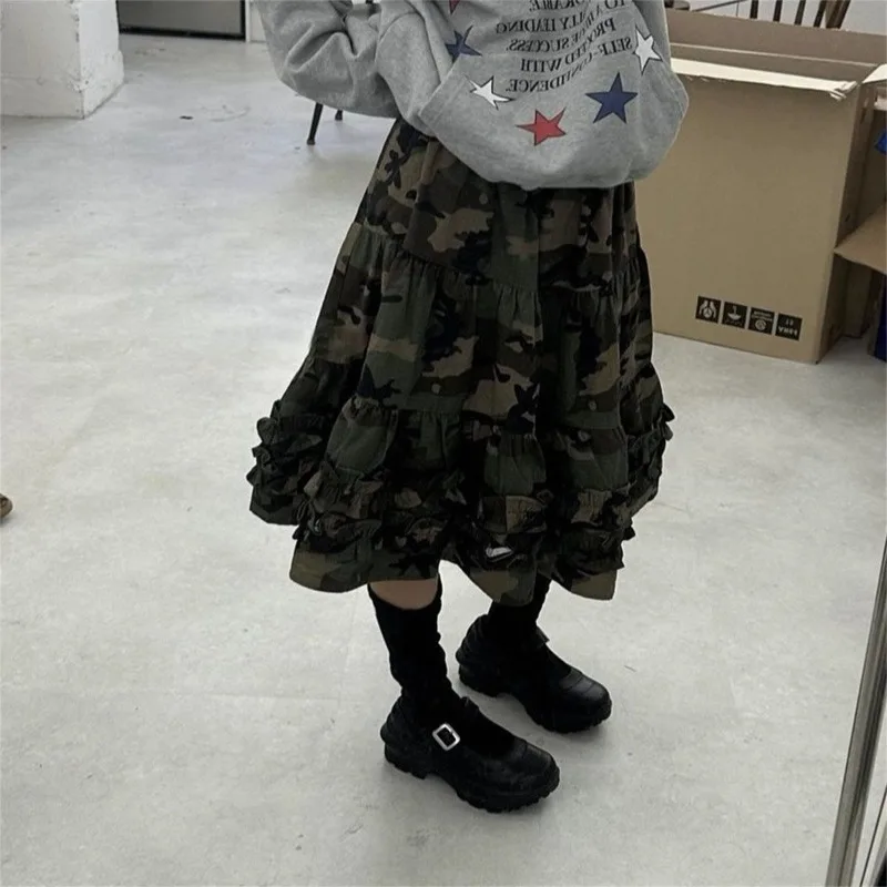 Camuflagem impressão dobras babados saia feminina outono inverno rua vintage cintura alta a linha saias de comprimento médio y2k skort