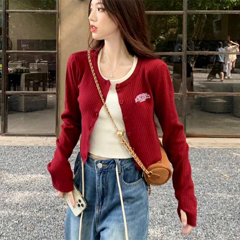 Wine Red Letter Embroidery Sweater Jackets Crop Top for Girls Slim Single Breasted Cardigan Winter Coat All-match Korean Fashion