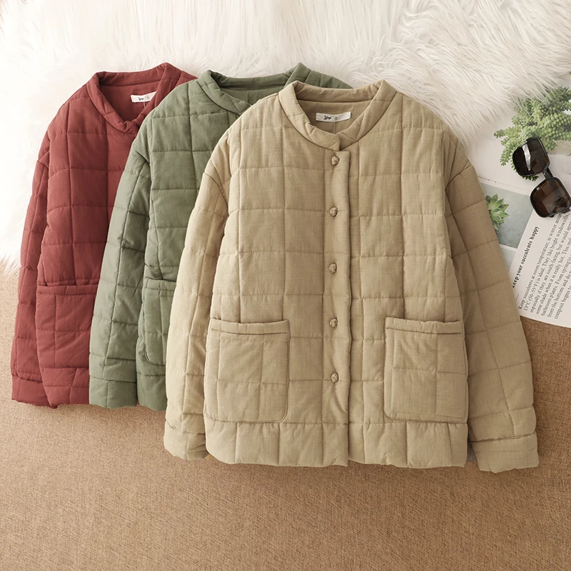 

Женское хлопковое пальто из бавовни, новинка 2025, зимнее стеганое хлопковое пальто с решетчатым дизайном на пуговицах и воротником-стойкой, китайское хлопковое пальто