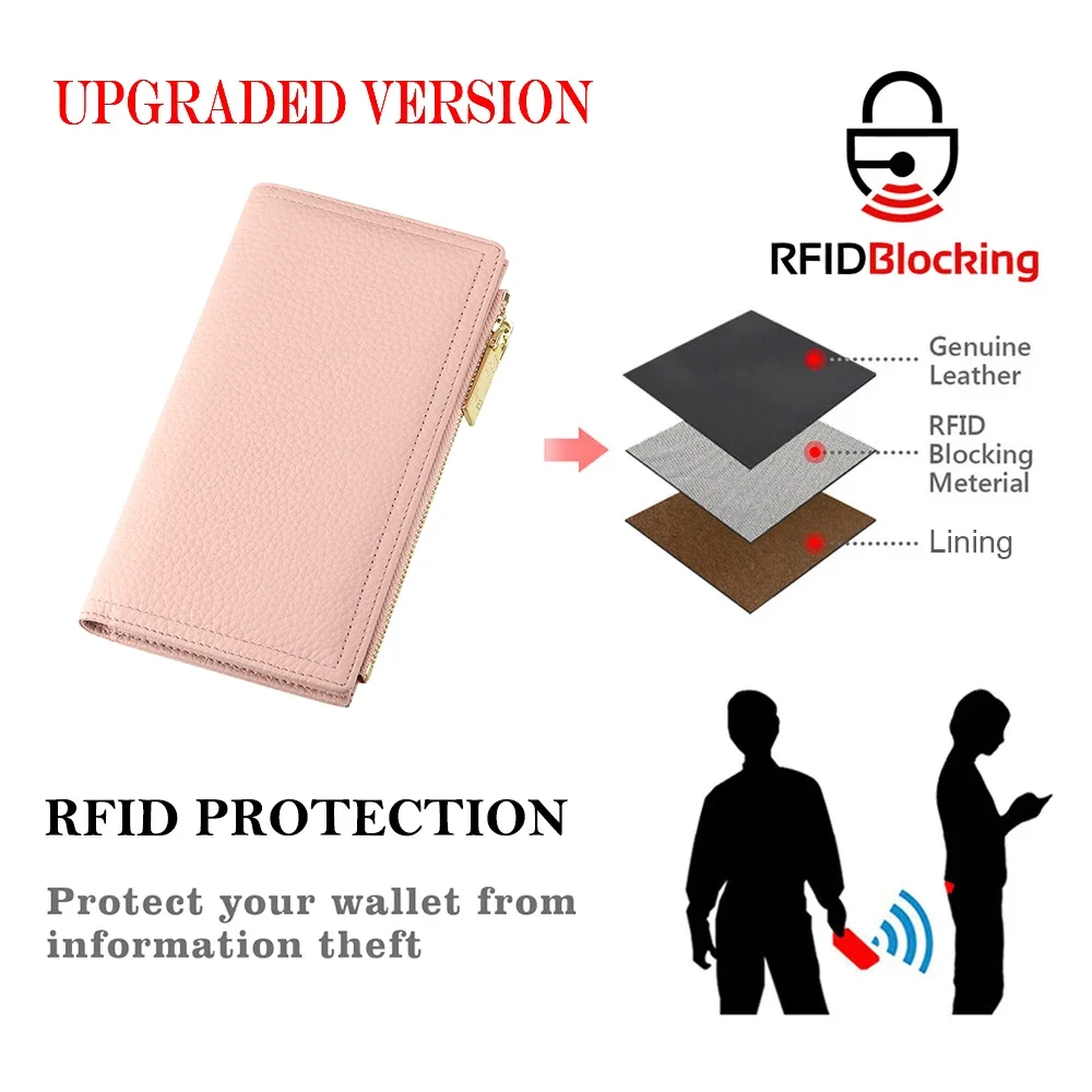 Royal Bagger Genuine Leather Thin Long Wallet, RFID Blocking Multi-card Slots Card Holder, Zipper Coin Purse for Daily Use 1909