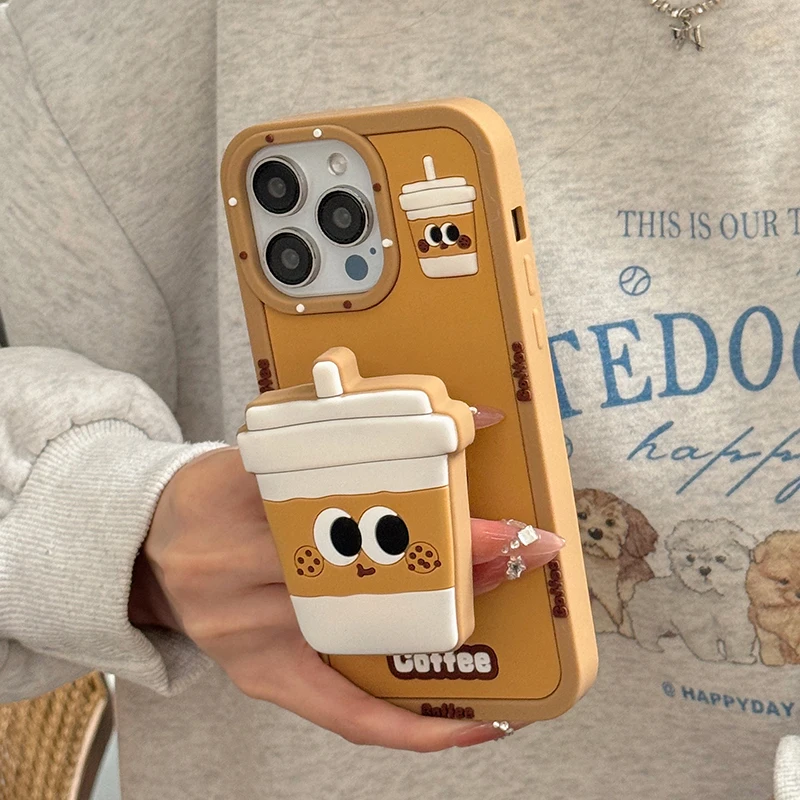 Funny 3D Coffee Cup Folding Holder Stand Case For iPhone 16 Pro Max 17 15 14 13 12 11 Soft Silicone Bracket Back Cover