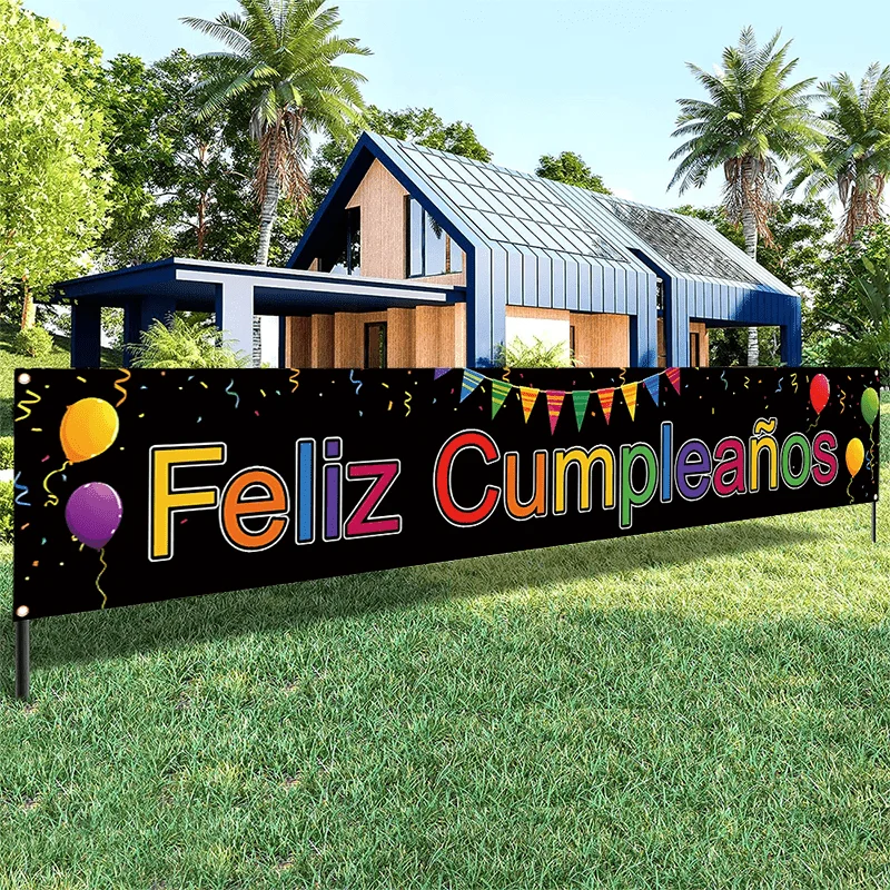 Feliz Cumpleaños Gartenbanner, Spanisches Happy Birthday Schild mit Luftballons & Wimpelkette für Outdoor-Geburtstagsfeier-Dekoration – Detail 2