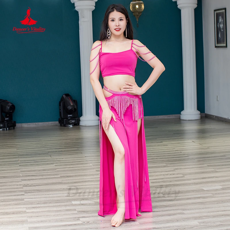 Belly Dance Costume Women Senior Spandex Short Sleeves Top+AB Tassel Long Skirt 2pcs for Adult Belly Dancing Exercise Clothing