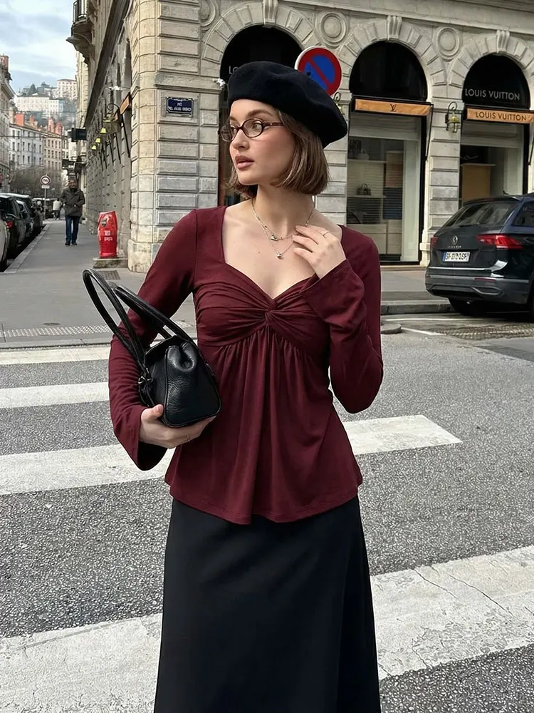 

Женская трендовая блузка HH 2026: однотонная, с длинным рукавом, V-образным вырезом, тонкая, летняя, сексуальная, для клуба и вечеринок, с драпировкой, приталенное платье-топ