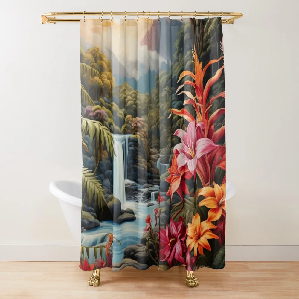 

Waterfall and Tropical Plants Shower Curtain For Bathroom Shower Luxury Bathroom Shower Set For Bathroom For Curtain