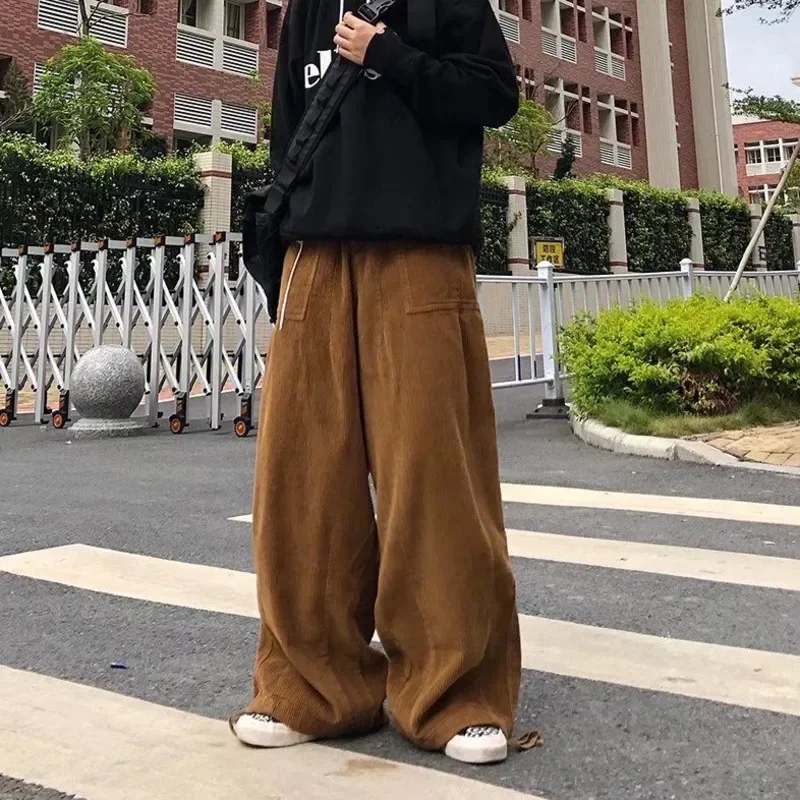 

Brown Black Corduroy Pants Men Fashion Retro Oversized Casual Pants Men Streetwear Loose Hip-hop Wide-leg Pants Mens Trousers