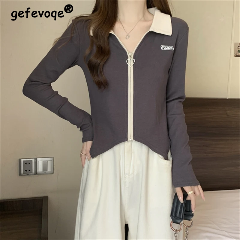 

Women's Clothing Trendy Casual Streetwear Asymmetrical Zipper T-shirts Female Contrast Color Long Sleeve Tops Y2K Slim Chic Tees