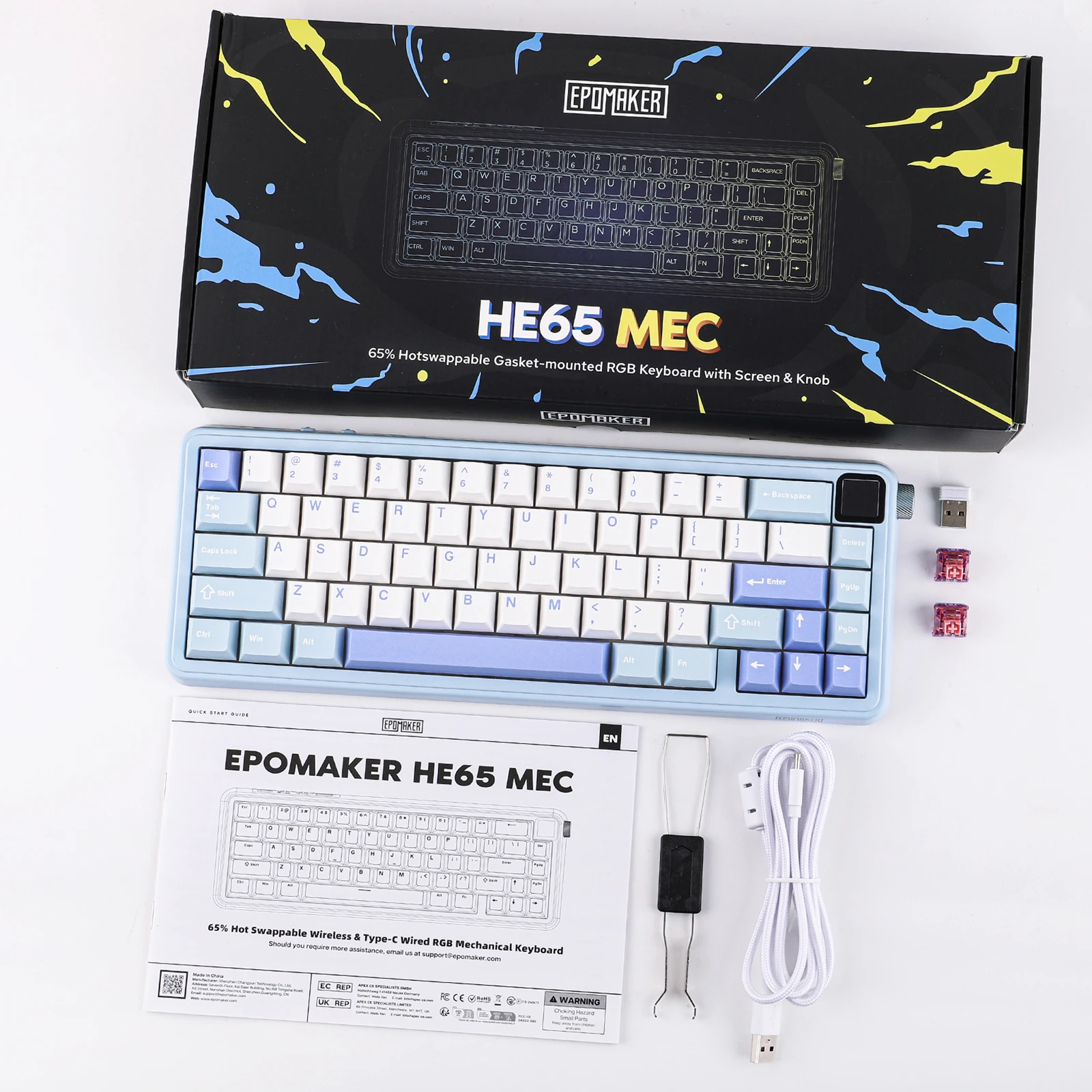 EPOMAKER HE65 Mec 65% 人間工学に基づいたレイアウト ガスケットマウント有線/2.4GHz/BT5.0 ワイヤレスメカニカルキーボード LED スクリーン/ボリュームノブ付き