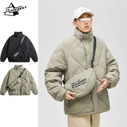 Winter Warm Down Jacket Men Vintage Diamond-shaped Loose Parka Solid Color Stand Collar Thickened Casual Coat with Crossbody Bag