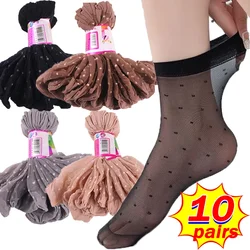 10Pairs=20pcs Elastic Ultra-thin Dot Silk Socks Women Summer Black Transparent Short Ankle Sock Female Sexy Non-Slip Boat Sox