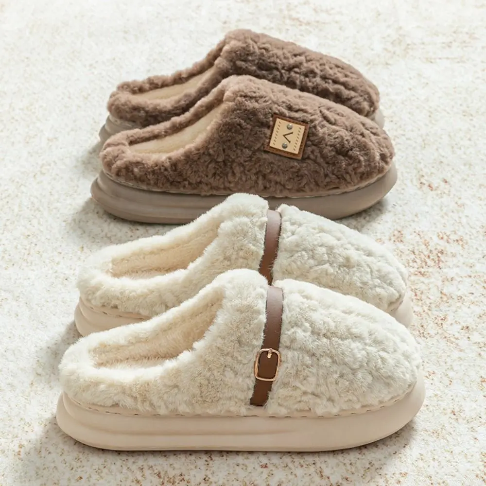 

Fashion Patchwork Plush Warm Slippers Thick Sole Non-Slip Winter Indoor Slippers Thicken Casual Soft Home Slippers Couple