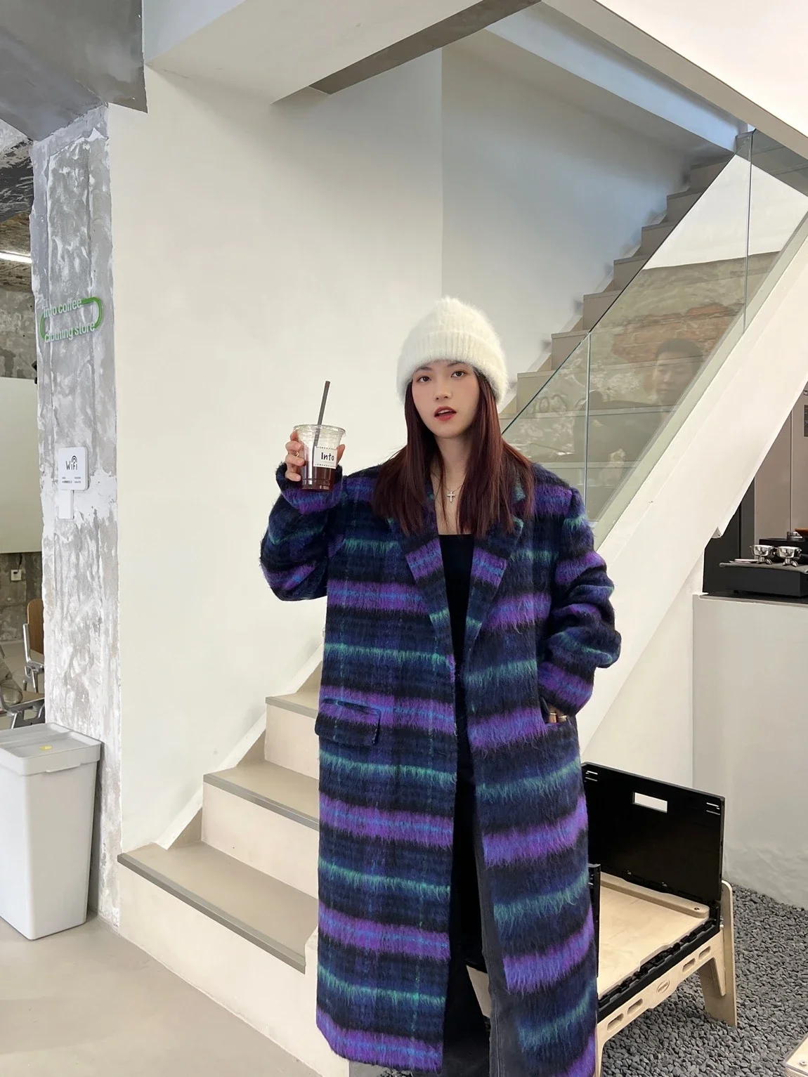 

Fashion Design Purple Checked Wool Coat Women's Long Cashmere 2024 Autumn Winter Wool Coats