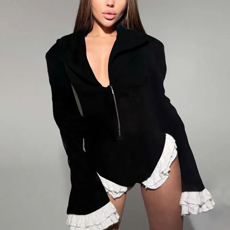 Ruffles Patchwork Elegant Women 2 Piece Set Notched Collar Long Sleeve Zipper Blazer Coat Tops + Shorts Casual Streetwear Suits