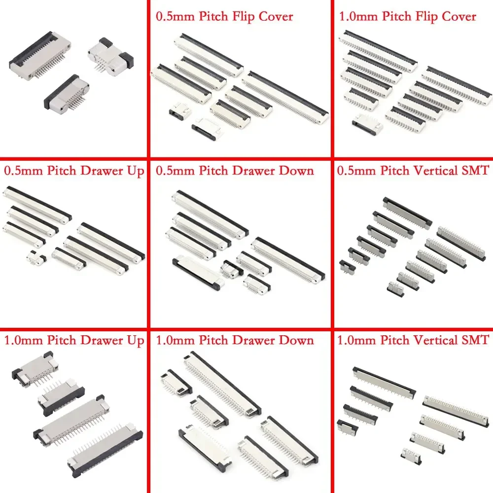 Pitch 0.5mm/1.0mm FPC FFC Drawer Up/Down Flip Cover Under Clamshell Socket Flat Cable Connector 4/6/10/12/14/16/20/24/40/50/60P