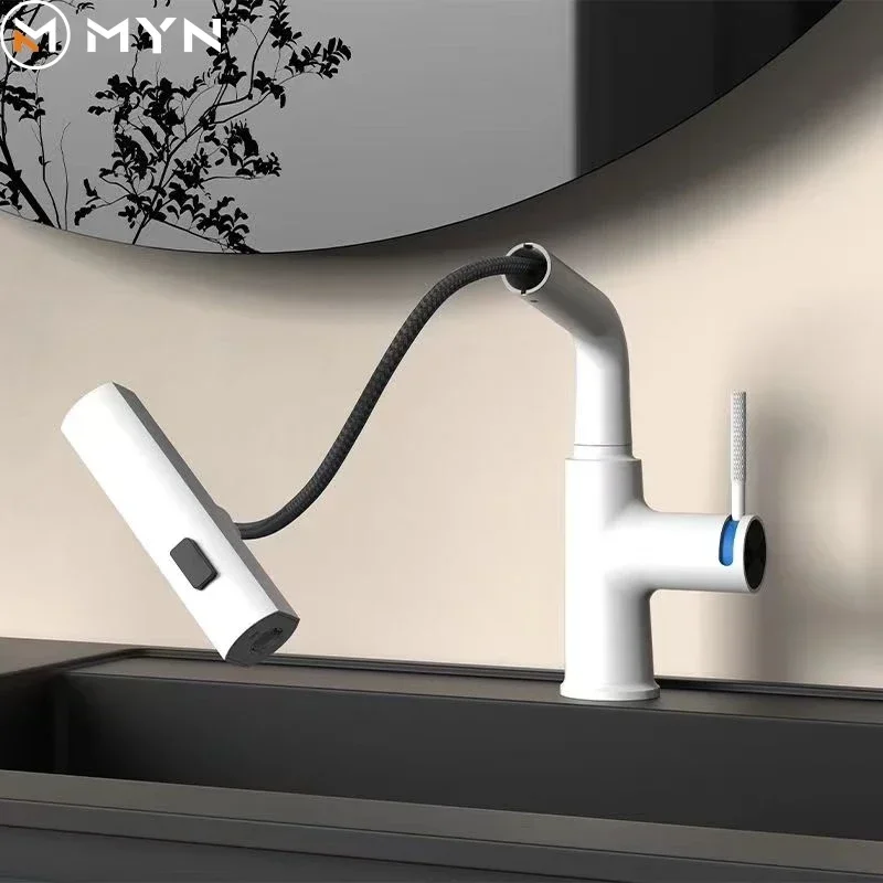 Tiktok New Trend Ivory Milky White Multifunction 360 Degree Rotating Waterfall  Basin Faucet  Bathroom Pull Out Basin Water Tap image 4