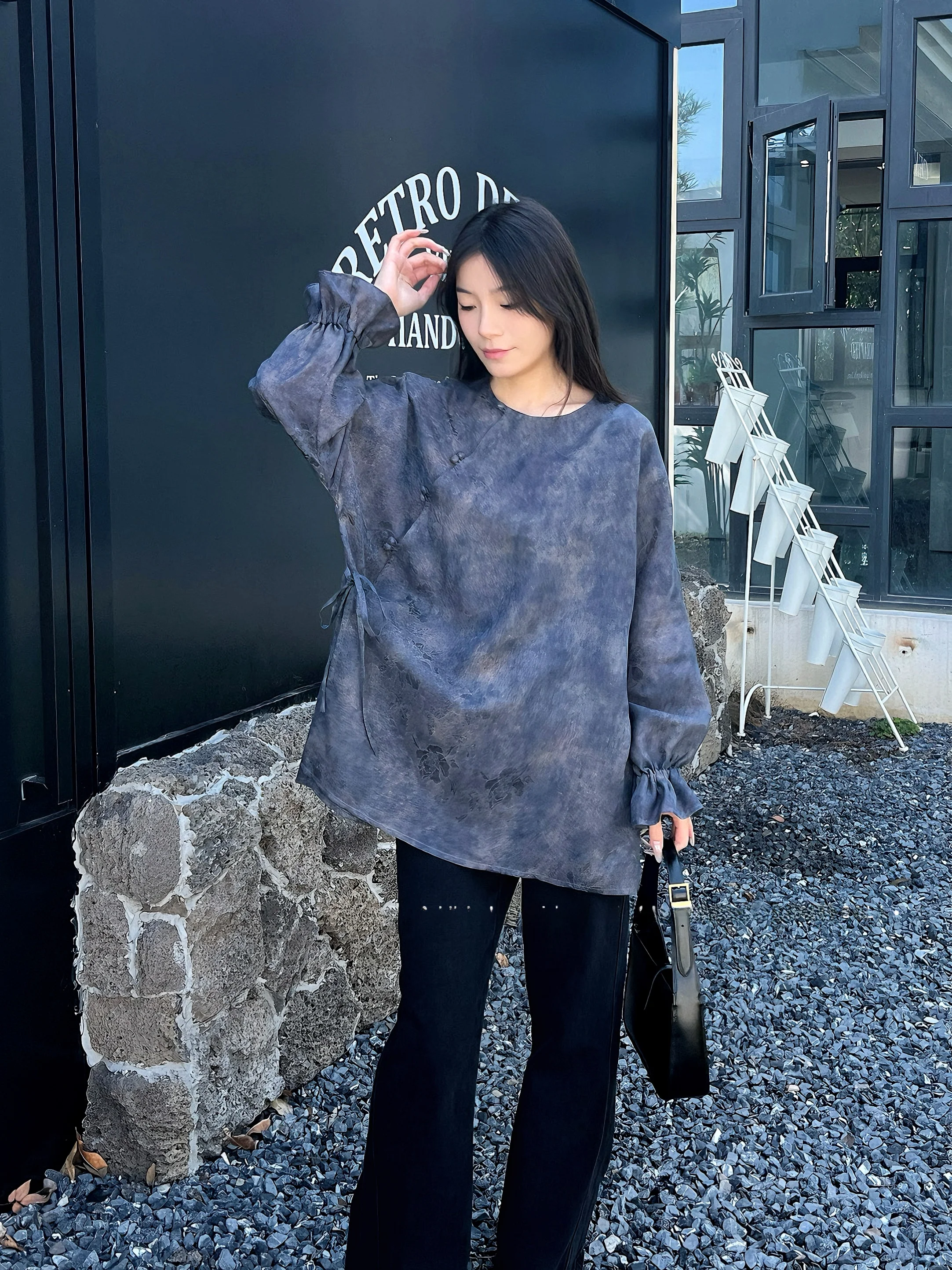 

00% Silk Yuzen Kimono Long Sve round Ne Loose Fit Pure Color Anti-Aging Versatile Flower Pattern Women's Top