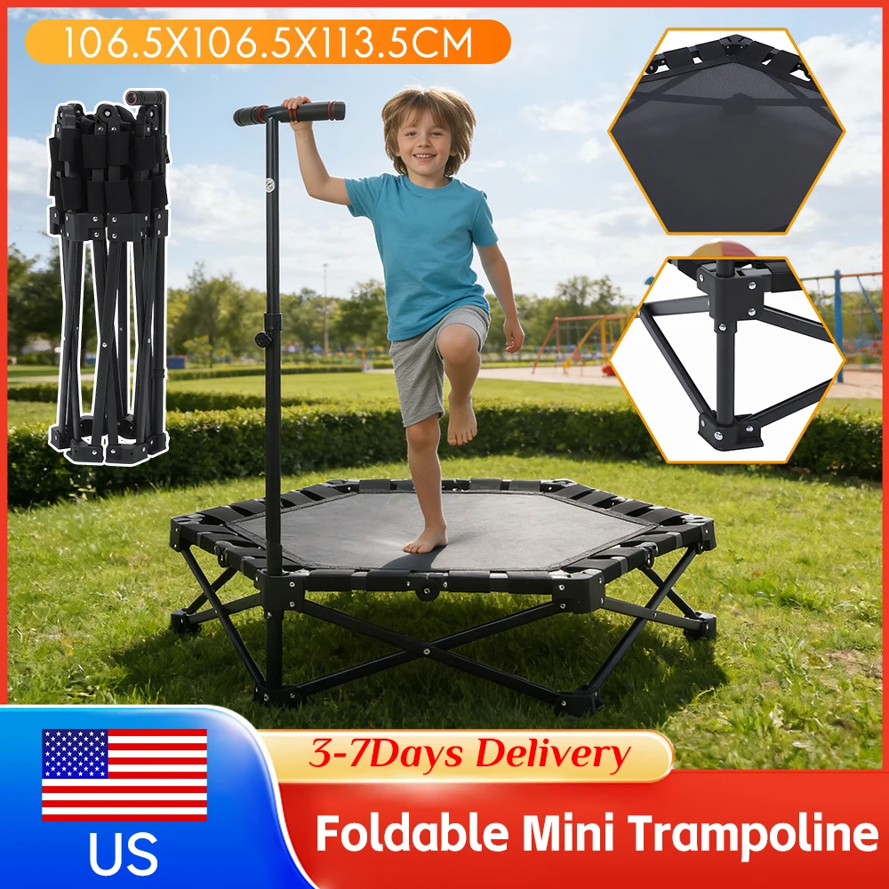 

42in Adjustable T-Bar Mini Trampoline 450lbs Foldable Exercise Rebounder for Adults Kids Indoor Outdoor Home Gym Garden Fitness