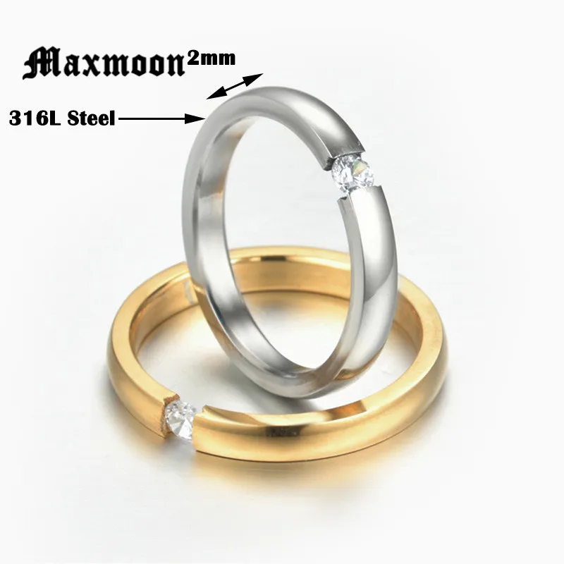 Maxmoon  Women Lady 2mm Stainless Steel Solid Zircon Crystal Rhinestone Engagement Wedding Charm Rings Size 6/7/8/9/10/11