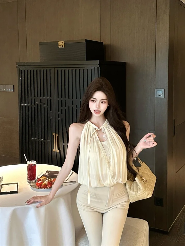 

Lace Splice Pure Desire oulder Digging Ne Hanging Vest Women's Summer Faion Set Slimming Layering Wrap Chest Top Two-Pi...