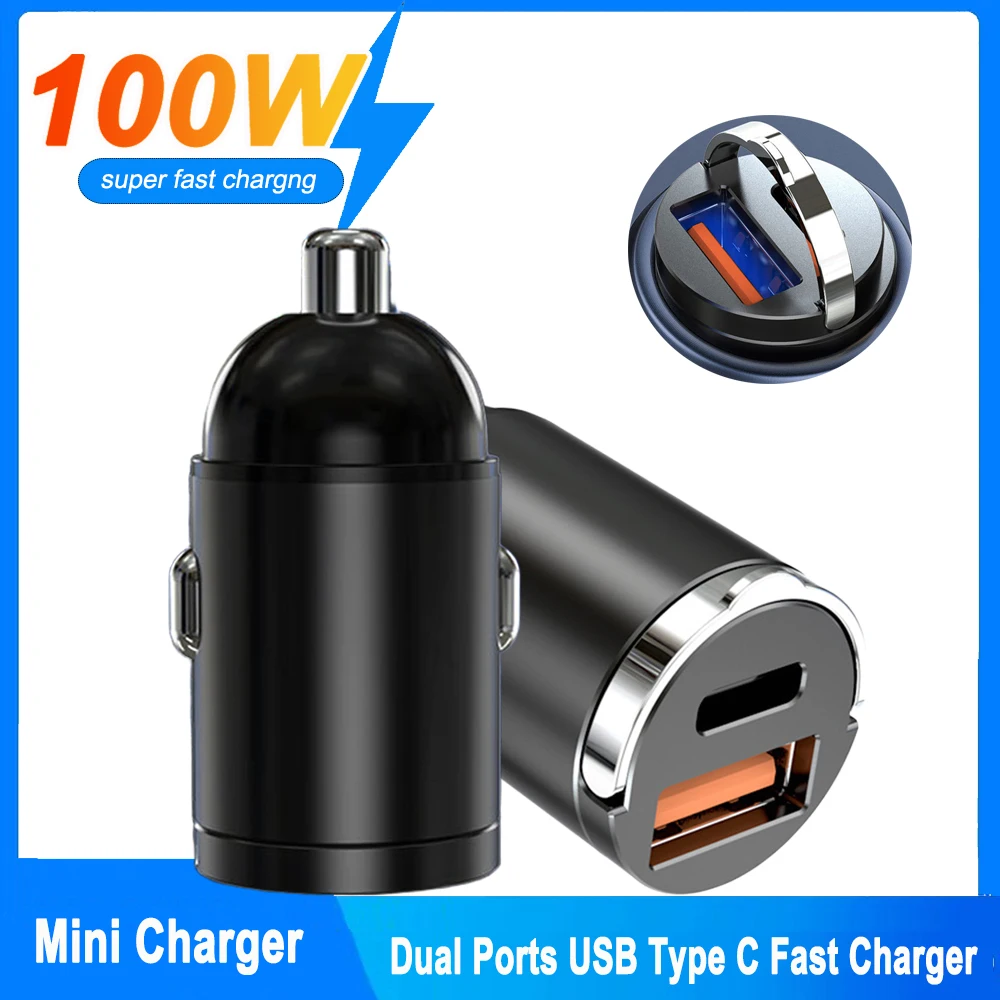 100W/200W PD QC Pull Ring Fast Charging Mini Car Charger USB C Car Phone Charger Adapter For iPhone Xiaomi Samsung Huawei