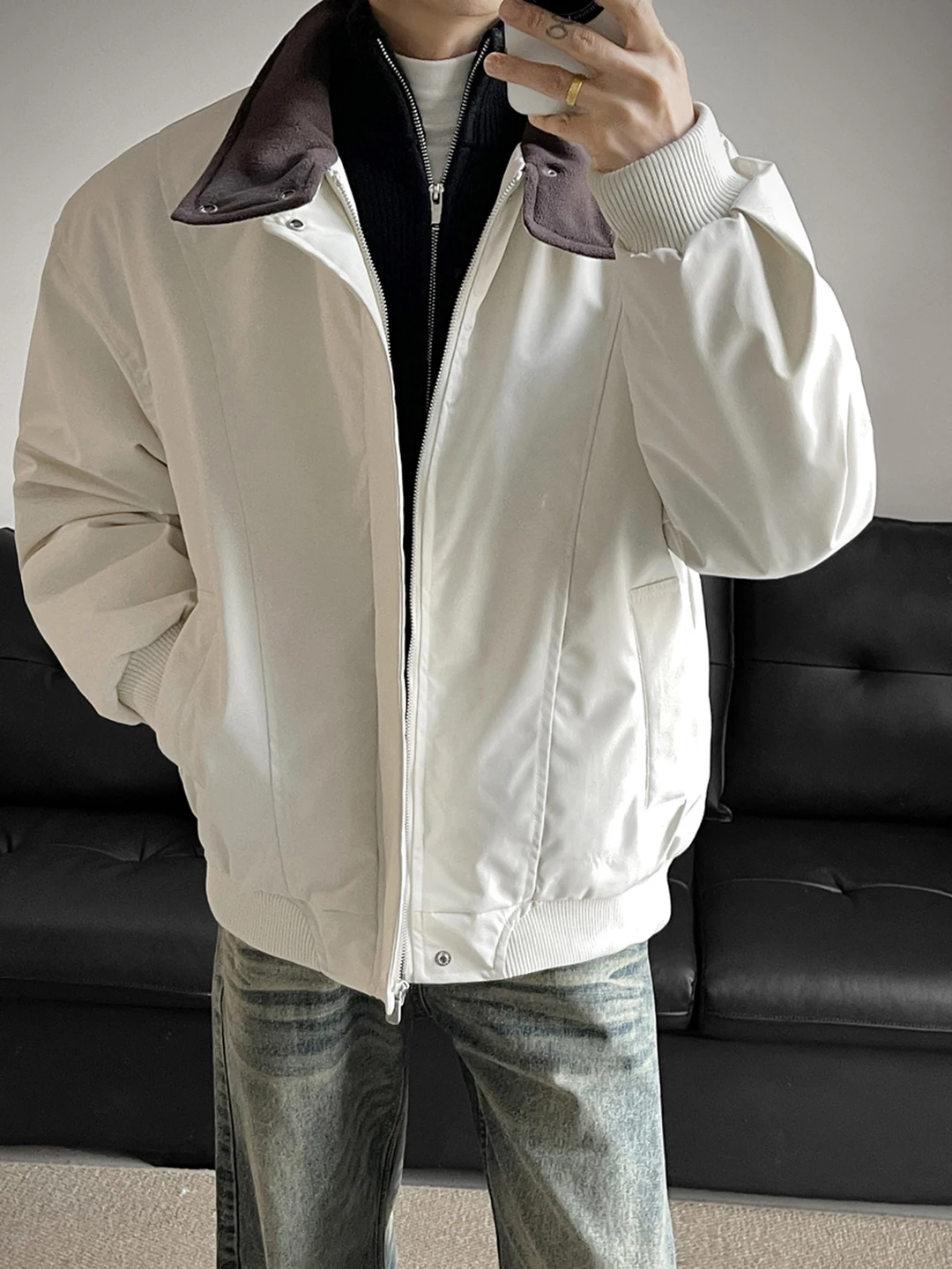 

Thiened Plaid Collar Cotton Jaet Men's Winter Warm Sle Casual Long Sve Stand Fit Pure Color Workwear Coat