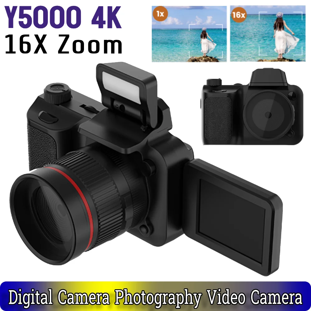 Цифровая камера Y5000 4K, видеокамера для фотосъемки, откидной экран, 16-кратный зум со вспышкой, компактная камера для видеоблогов для детей, студентов
