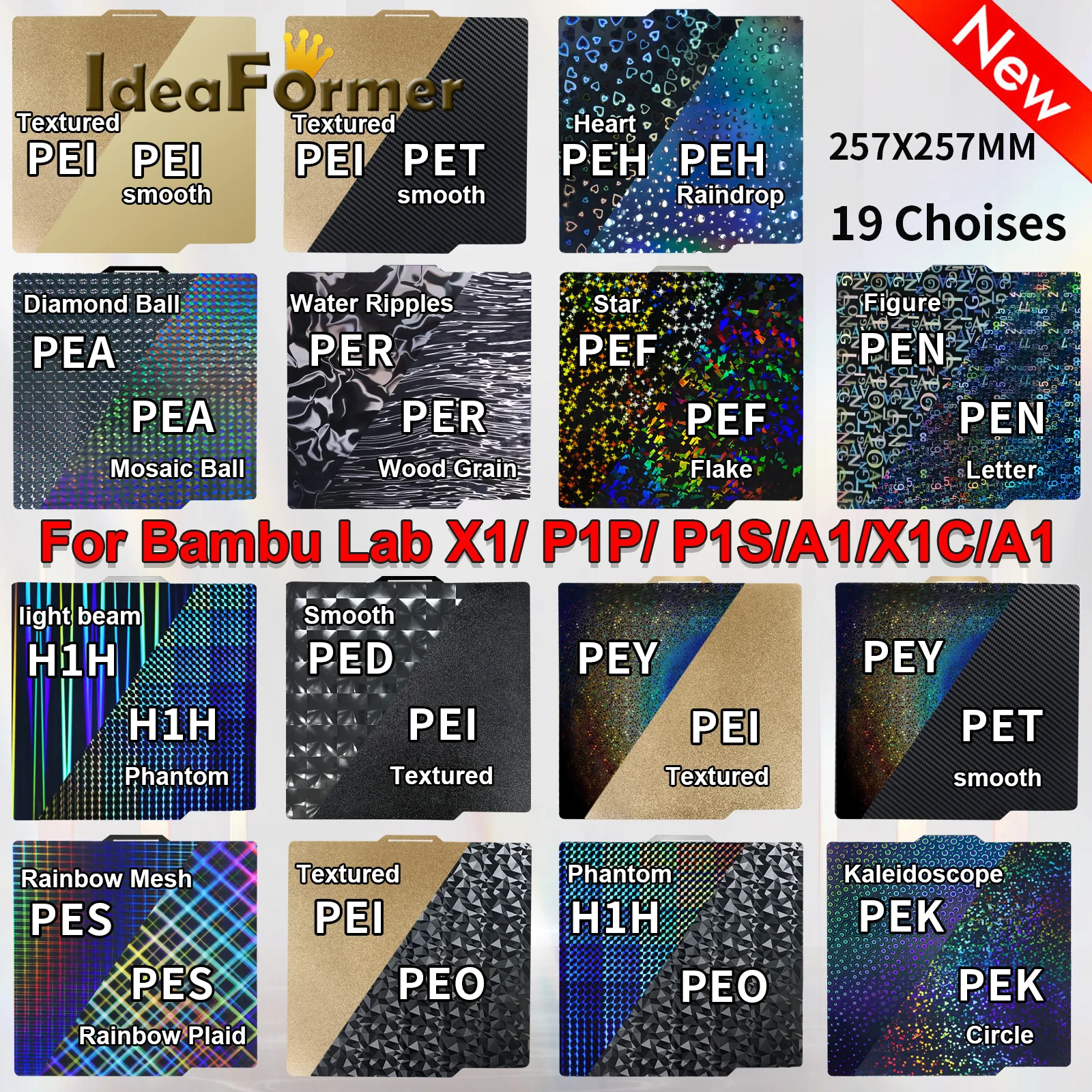 For Bambu Lab A1/P1P/P1S/X1C/X1/X1E PEI PET 257×257mm Double Sided Build Plate Upgraded Heatbed  For Bambu Lab 3d printer parts.