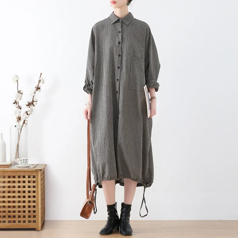 Fall Plaid Checked Shirt Dress 2024 Women Vintage Asymmetrical Hem Japanese Female Mujer Cotton Maxi Dress Vestidos Robe Femme