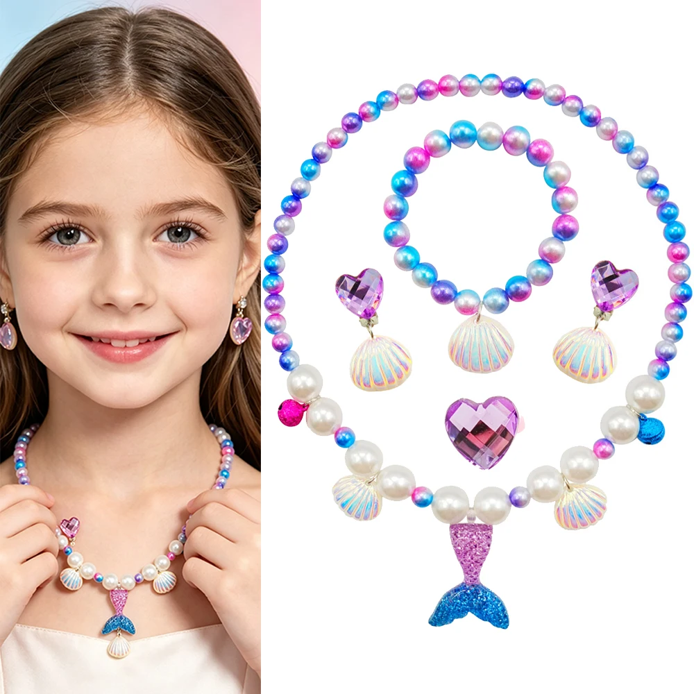 1/3/5Pcs Purple Mermaid Tail Necklace Jewelry Set With Shell Bracelet Earrings Gift for Girls Princess Cosplay Birthday Party