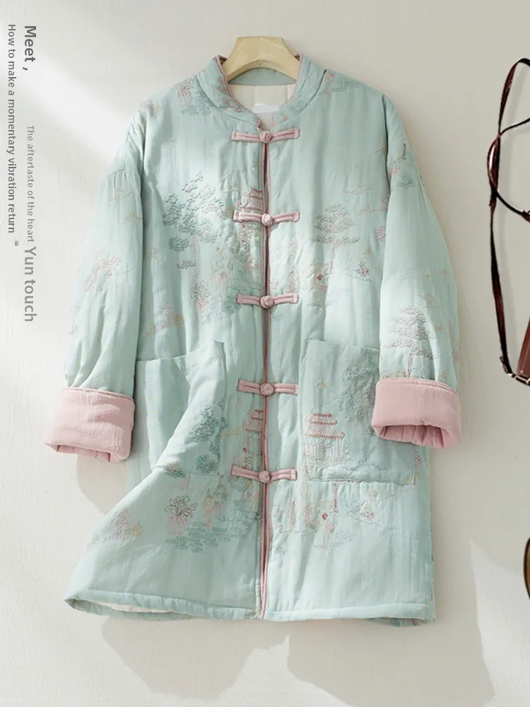 

Thickened Cotton Jacket Chinese Style Embroidered Women's Coat Middle-Length Heavyweight Cotton Clothes Winter Outerwear