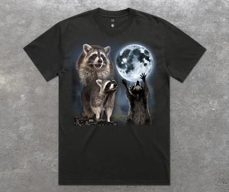 Racoons Howling At The Moon Vintage Graphic Washed T-Shirt Tee Top Raccoon Funny Animal Lovers Oversized Retro Gift