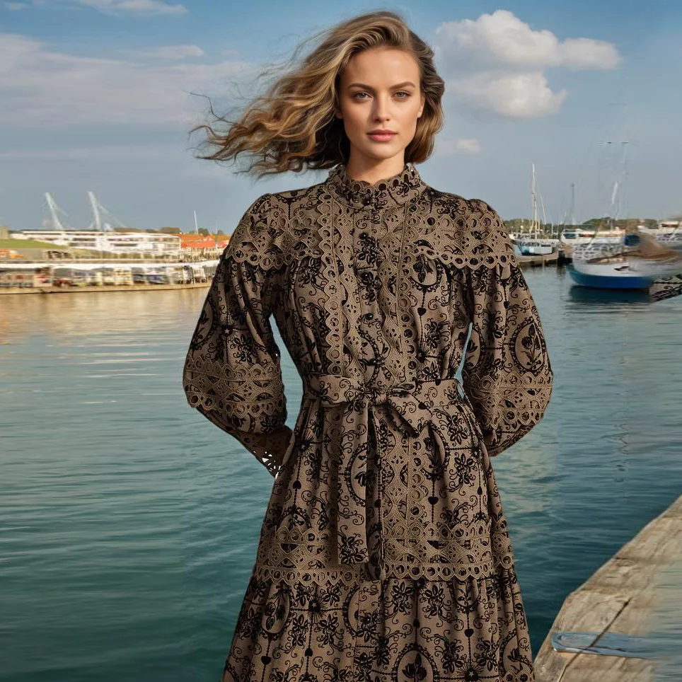 

French retro new fashion niche printing hollow lace heavy industry dress, high-end sense of simple luxury temperament elegant hi