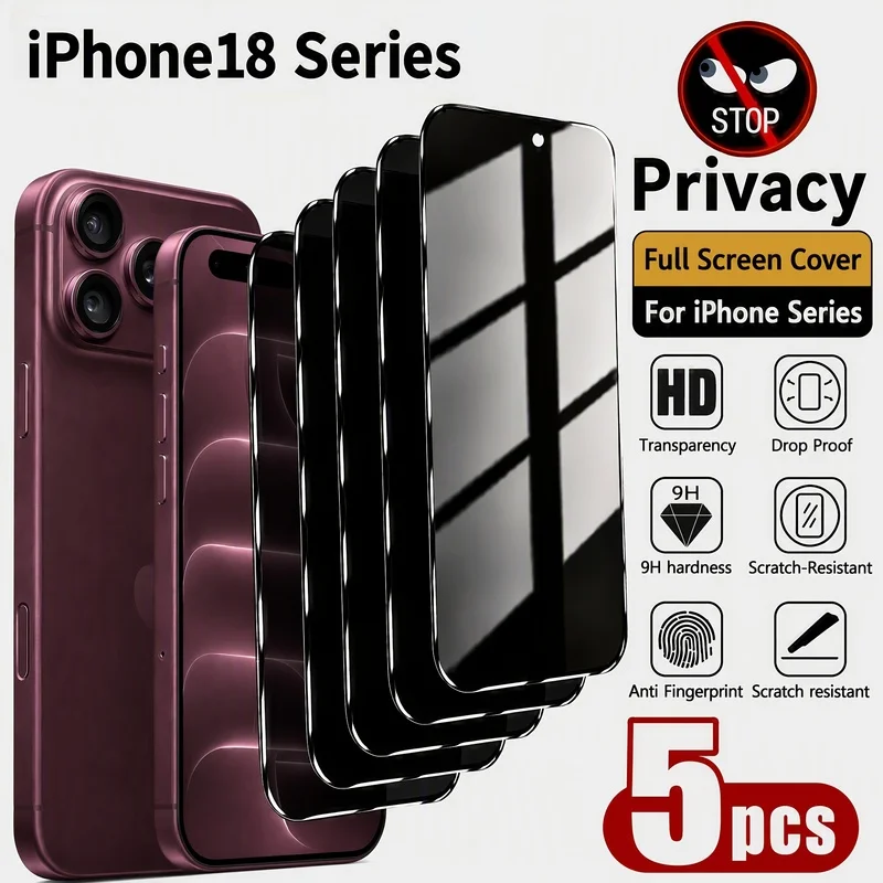 Image of 5 Stück Displayschutzfolie aus gehärtetem Glas mit Blickschutz, für iPhone Duo/iPhone 18/iPhone 18 Pro Max/18 Pro, 9H+ Härte, Anti-Fingerabdruck,