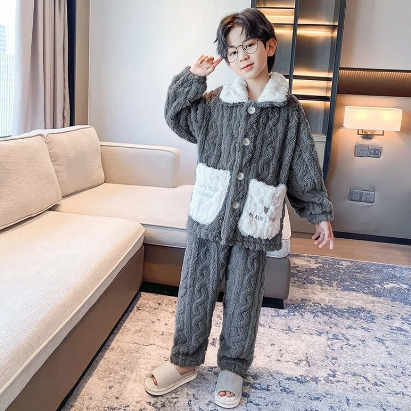 2023 New Boys' Pajamas Winter Version Latest Set Sleepwear Teenagers' Baby Homewear Autumn Nightwear Thick Casual Nightgown