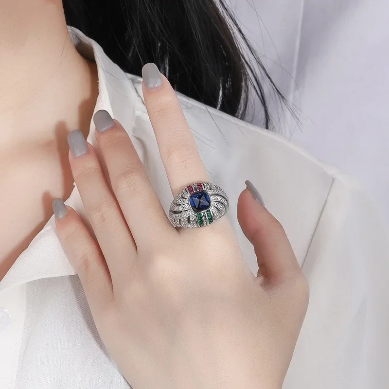S925 Silver Plated 18K Gold Plated PT950 Platinum Color Pagoda Sapphire Sugar Tower Full Inlaid Ring Main Stone 8*8 Jewelry