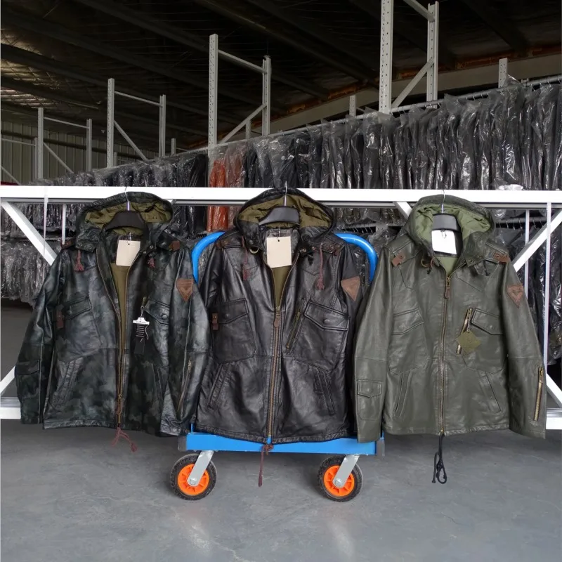 

Nine-pocket hooded leather multi-color coat