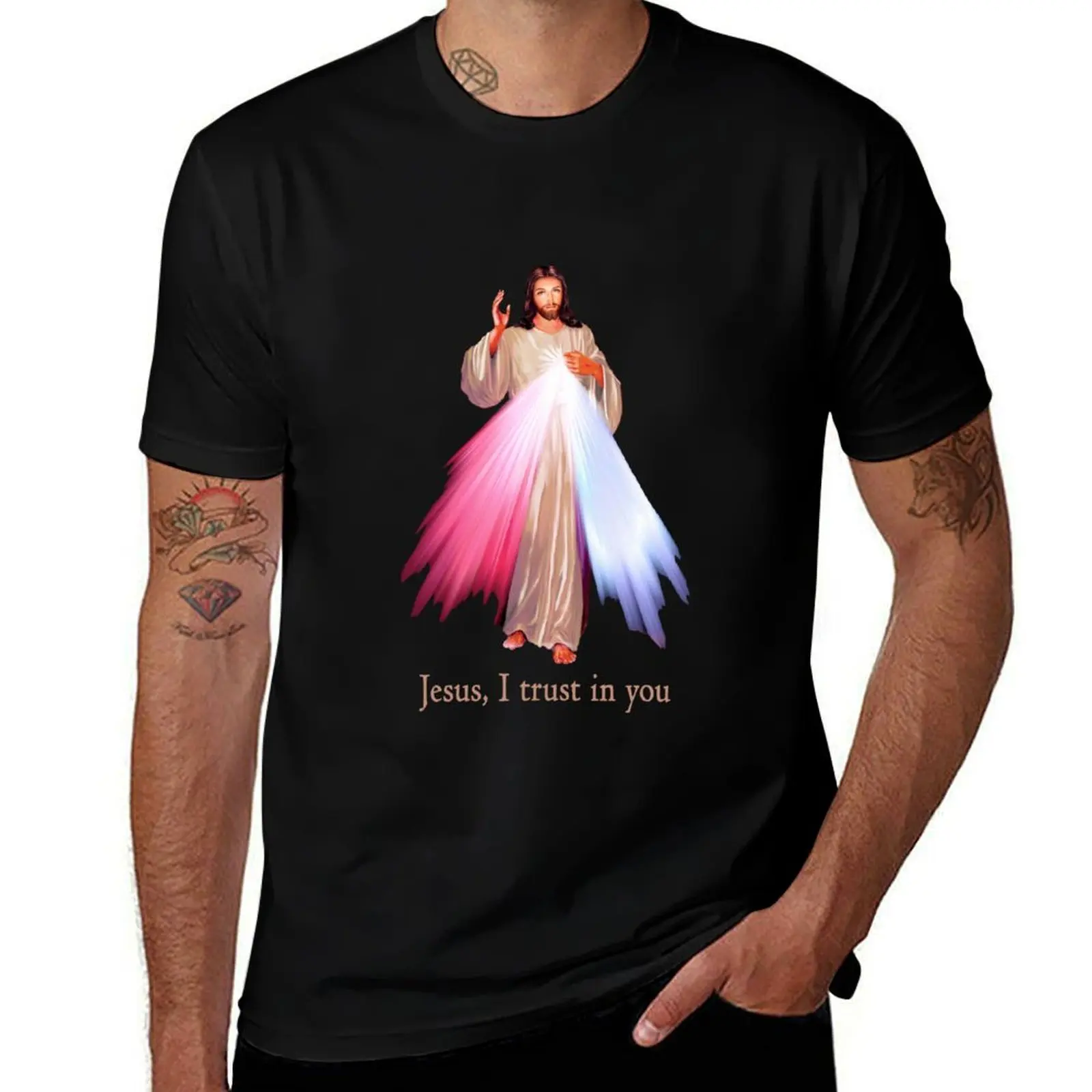Jesus I trust you Divine Mercy Image (transparent background design) T-Shirt Casual Graphic Print Tee