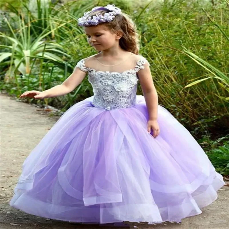 

Lavender Flower Girl Dresses Sheer Neck Lace Appliques 3d Princess Party Gowns First Girl Communion Pageant Formal Wear
