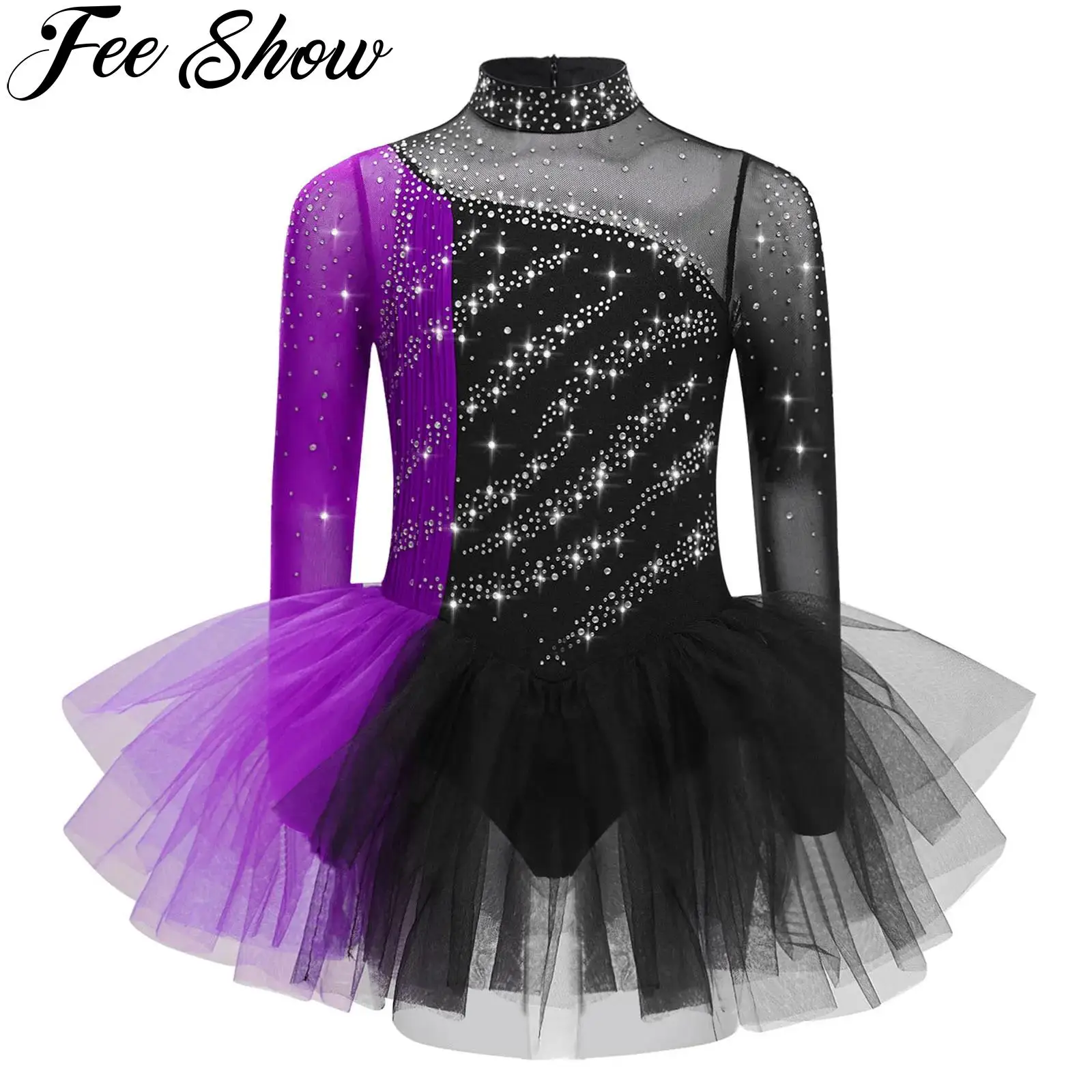 

Girls Rhythmic Gymnastics Figure Skating Costume Shiny Rhinestones Long Sleeves Mesh Ballet Dance Tutu Dress Leotard Dancewear