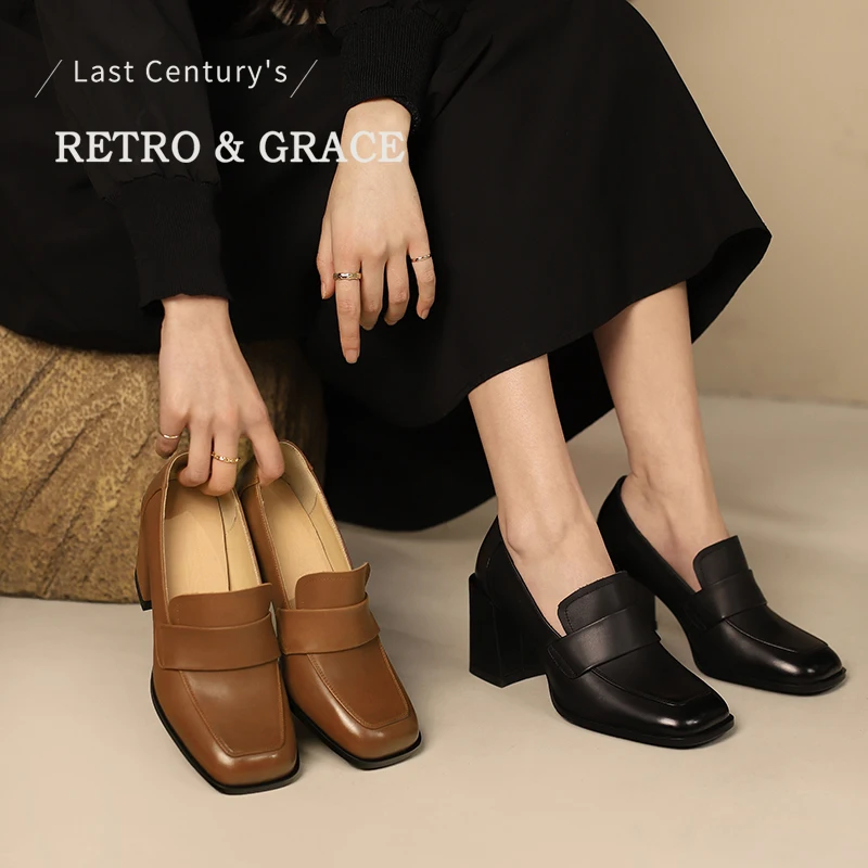 2024 Genuine Leather New Spring Women Shoes Square Toe Chunky Heel High Heel Pumps Ladies Shoes Heels Shoes Woman  Black Shoes