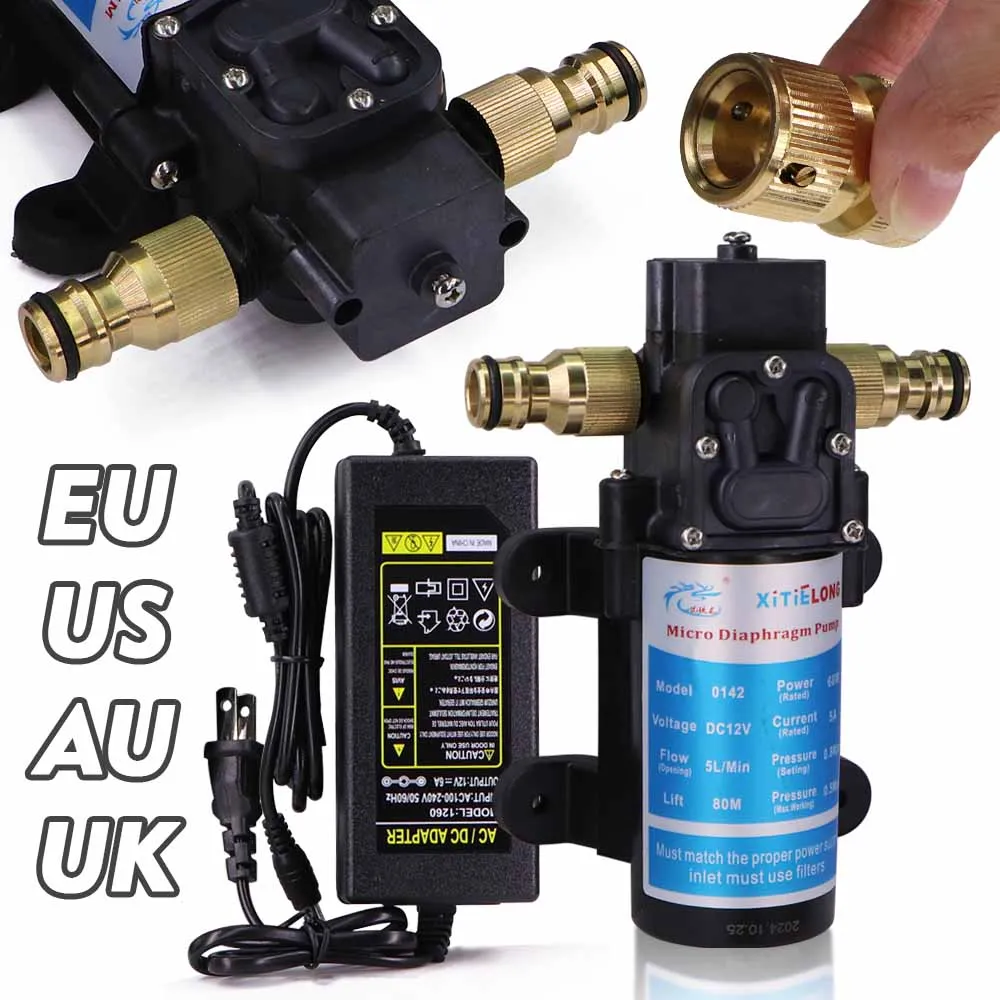 45/60/80/100W Self-priming Pump w/ 110-240V Power Supply Kit 16mm Brass Joint Water Pressure Diaphragm Pump Irrigation Watering