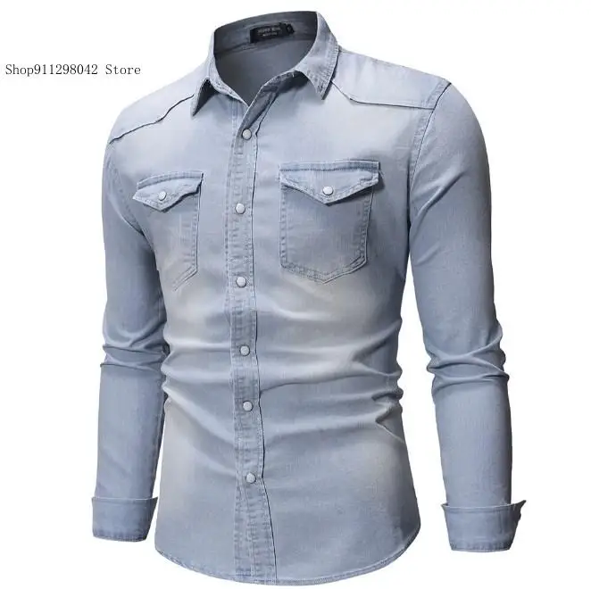 Retro Slim Fit Casual Simplicity Denim Long Sleeved Shirt for Men