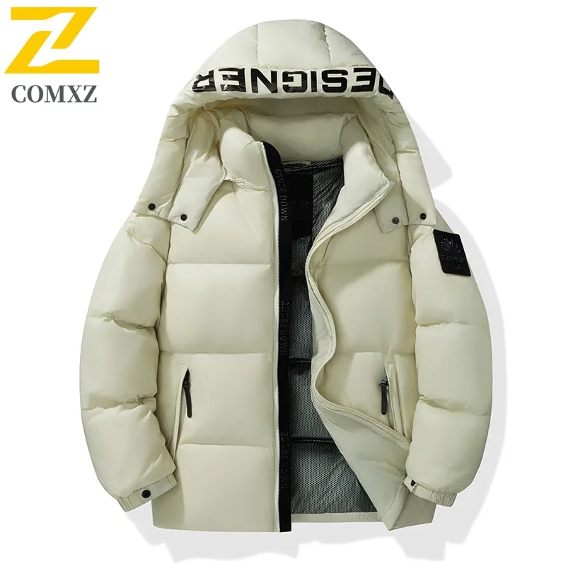 

COMXZ Мужская пуховая куртка премиум-класса с капюшоном, удобная теплая парка на открытом воздухе, однотонный дизайн, ветрозащитное легкое зимнее пальто