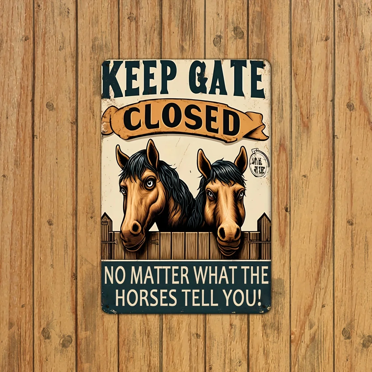 Letrero Metálico Vintage [2D Plano] con la Frase 'Keep Gate Closed' y Caballos Divertidos - Arte Rústico para Pared de Casa de Campo, Patio o Jardín